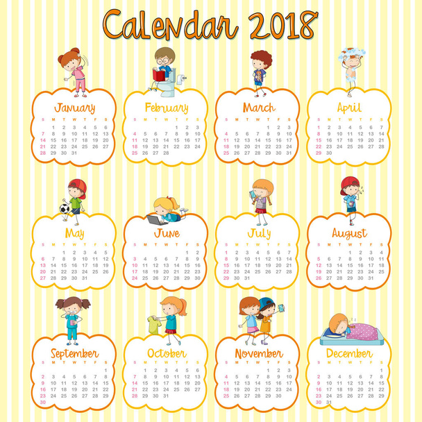 各月の多くの子供たちと 2018年カレンダー テンプレート - ベクター画像