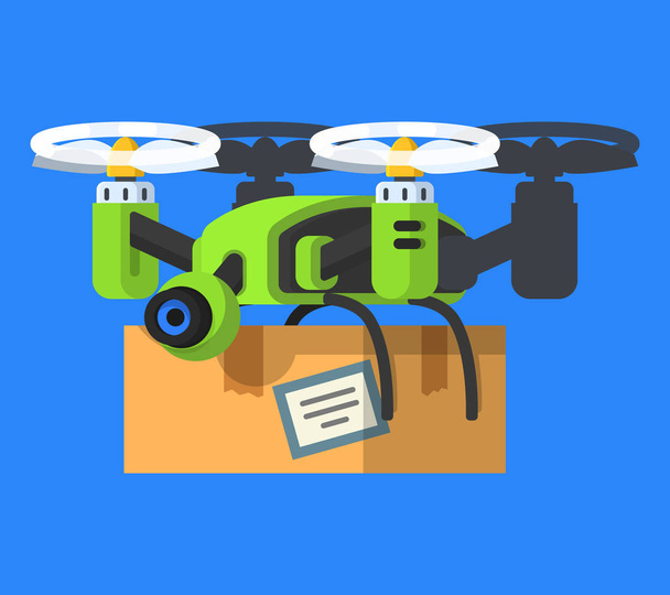 Vector Illustration with drone. Drone delivery. Flat style. - Wektor, obraz