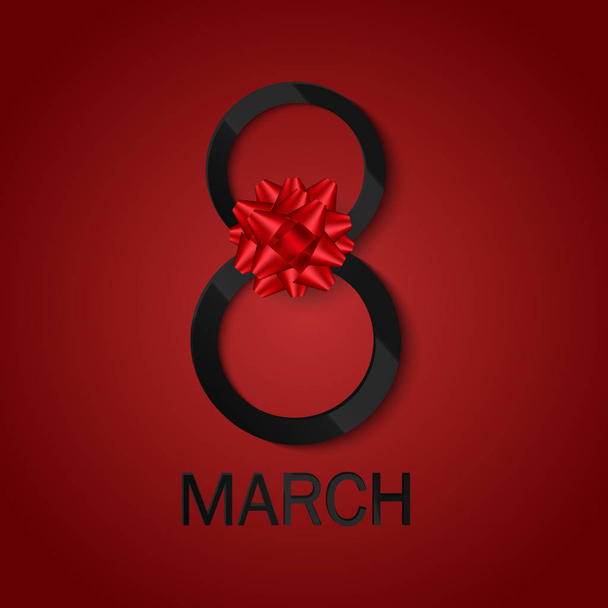  8. März. Glückwunschkarte zum Frauentag mit schwarzem Leuchttext und roter Schleife. Vektor - Vektor, Bild
