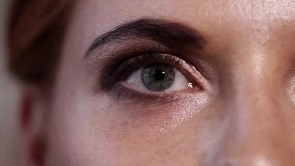 κοντινό πλάνο του γκρι-μπλε μάτι της ενήλικης γυναίκας που αναβοσβήνει και κλείνει το μάτι - Πλάνα, βίντεο