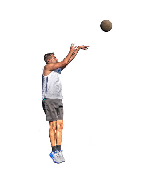 Lefty kosárlabda játékos ugrik lövés a jobb oldalon látható fehér - Fotó, kép
