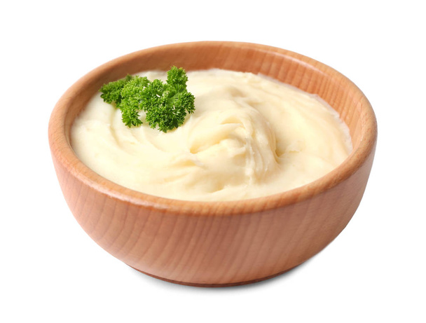 Bowl with mashed potatoes on white background - Photo, Image