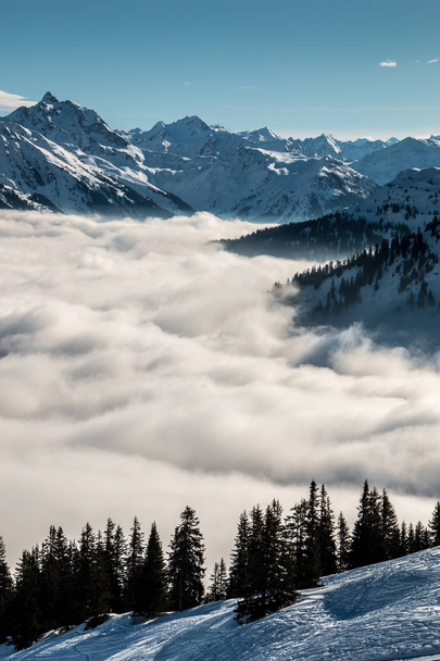 Snow on the top of the mountains and fog down the valley - Фото, изображение
