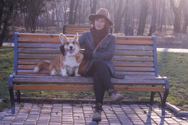 young woman in hat in  park walk with cute corgi dog, sunny autumn day  - Foto, Imagem