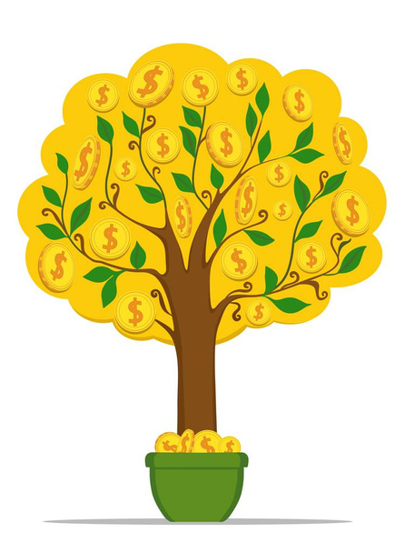 Árbol de dinero con monedas de oro dólares. Ilustración vectorial
. - Vector, Imagen