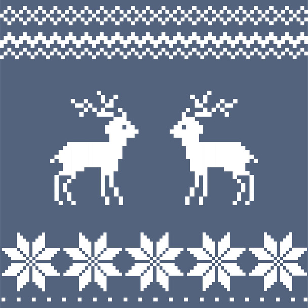 Поздравительная открытка на зимний праздник с дизайном вязания шерсти. Вязание снежинки, олени в норвежском, датский свитер стиле. Сине-белая траектория. Рождественская и новогодняя векторная иллюстрация для приглашения
. - Вектор,изображение