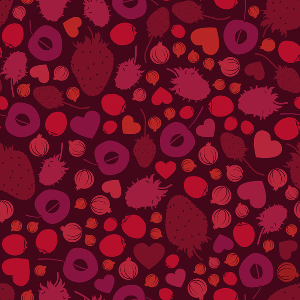 Rode bessen fruit en harten - vector achtergrond - Vector, afbeelding