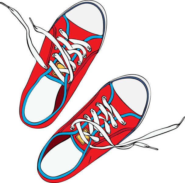 ein Paar rot zertrampelter alter Schuh mit Schnürsenkeln ungebunden weiß - Vektor, Bild
