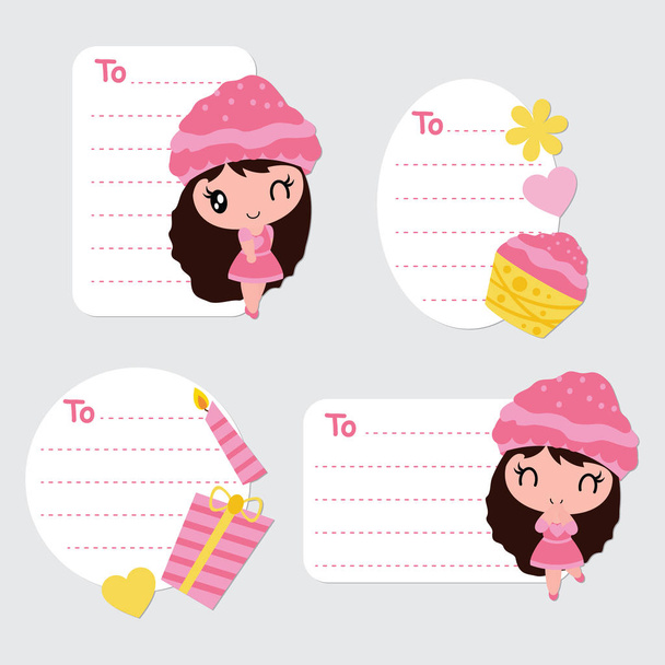 Cute girls, cupcake and birthday gift vector cartoon illustration for Birthday gift tags design, postcard and sticker set - Vektor, kép