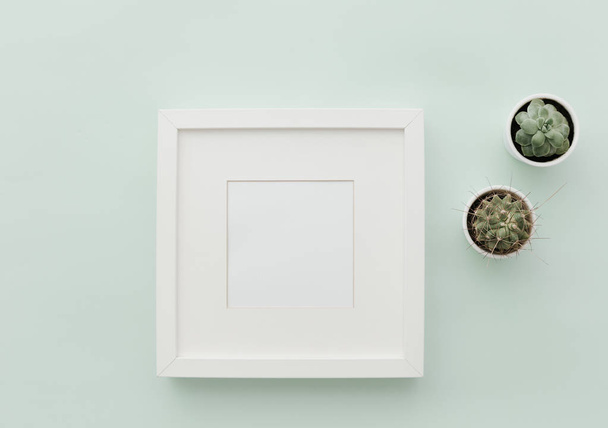 Mockup white frame. Neutral Minimalist Flat Lay Scene with Cactus  - Foto, Imagen