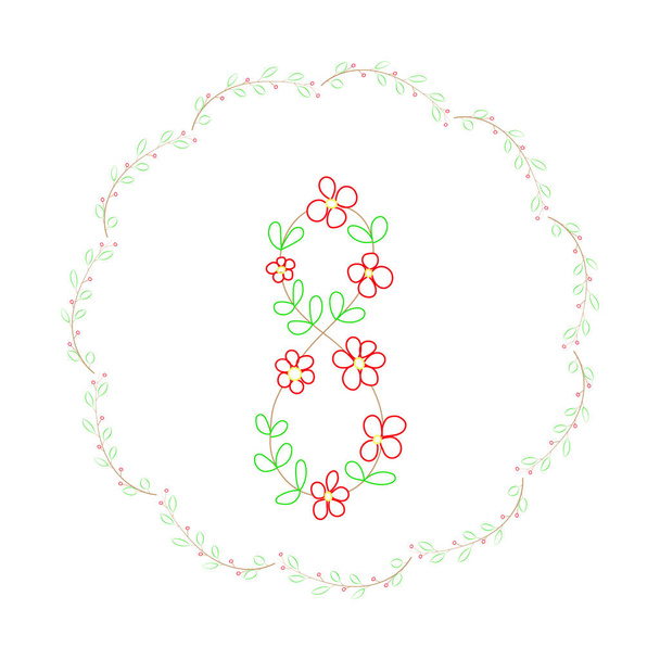 The number eight and a wreath of flowers and leaves are handmade. Vector illustration . - Vector, Image