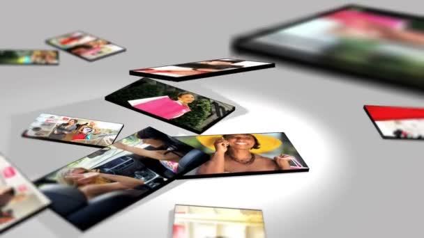 3D-s életmód női tablet képek kaukázusi, ázsiai és afrikai amerikaiak montázs - Felvétel, videó
