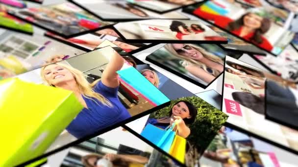 Montage 3D-Tablettenbilder weiblicher kaukasischer, asiatischer und afrikanischer Amerikaner beim Einkaufen - Filmmaterial, Video