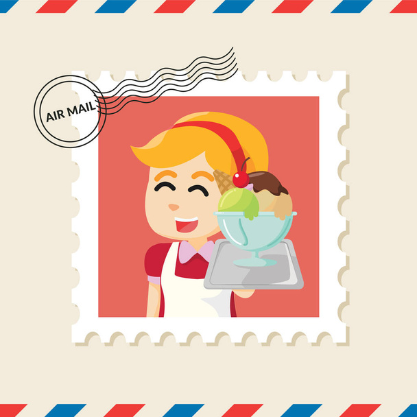 Sello postal de camarera de helados en sobre de correo aéreo
 - Vector, Imagen