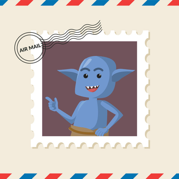 Blue monster postage stamp on air mail envelope - Vector, Image