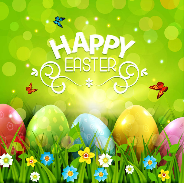 Vector illustration. Easter greeting card with colorful eggs on green grass - Vetor, Imagem
