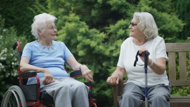 Allegro anziani residenti di casa di cura chiacchierando e ridendo all'aperto in giardino
. - Filmati, video