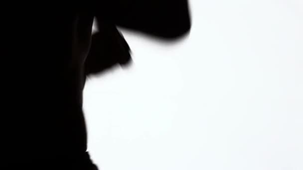 Silhouette di un giovane sportivo durante le lezioni di arti marziali. Addestramento sportivo. Un combattente asiatico senza regole treni soffia con le mani e le ginocchia. Oggetto nero isolato su sfondo bianco
. - Filmati, video