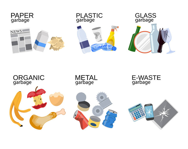 Σκουπίδια, διαλογής των αποβλήτων τροφίμων, γυαλί, μέταλλο - Διάνυσμα, εικόνα