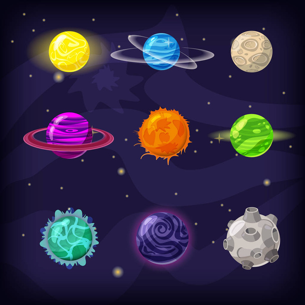 Set of fantastic planets on cosmic background, cartoon style, isolated, vector, illustration - Vektor, kép