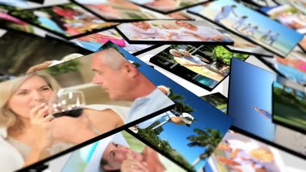 Montage 3D tablet images senior couple enjoying lifestyle moments - Footage, Video
