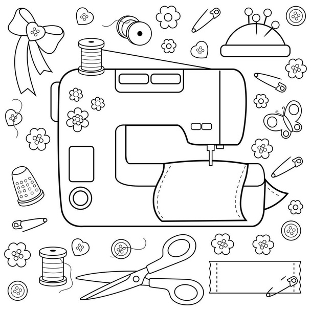 Sewing project tools and equipment. Coloring book page - Vecteur, image
