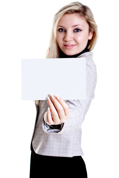 Young business woman with business card - Фото, изображение