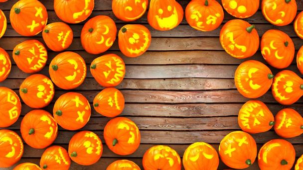 Jack-O-Lantern o calabazas de Halloween con iluminación en suelo de madera se ven en el mismo punto. Con espacio en círculo a la derecha y listo para hacer una tarjeta. 3D renderizado gran angular Vista superior
. - Foto, imagen