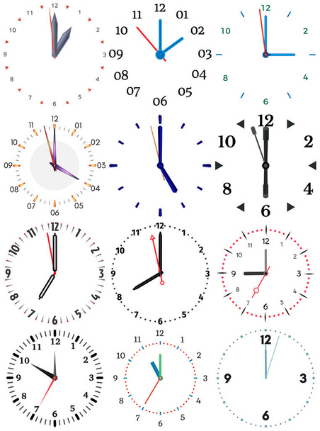 eine Reihe verschiedener mechanischer Uhren mit einem Bild jeder der zwölf Stunden. - Vektor, Bild