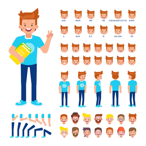 Front, side, back view animated character. Student character creation set with various views, hairstyles, face emotions, poses and gestures. Cartoon style, flat vector illustration. - Vector, Image