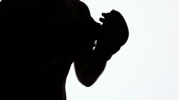 Silhouet van een sportieve jonge man tijdens de training op gevechten zonder regels. Stakingen met vuisten en ellebogen. Close-up van een profiel een hand en een romp met spieren. Zwart op wit wordt geïsoleerd-object. - Video