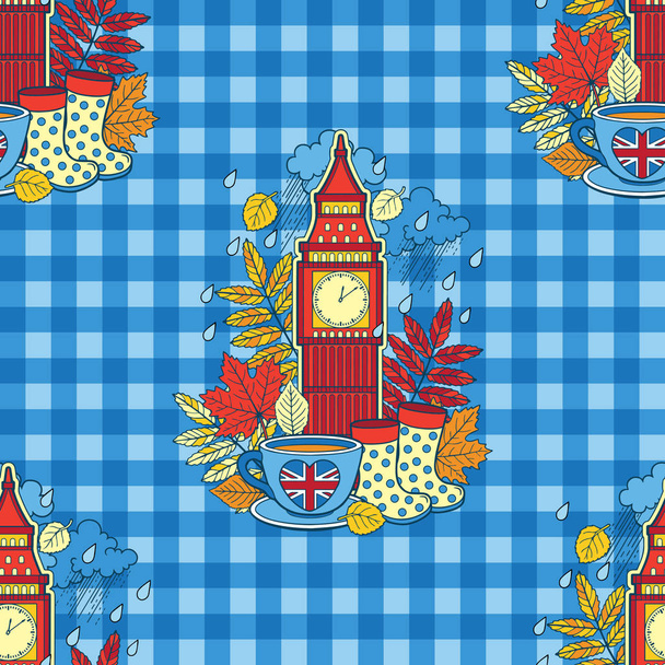 Patrón sin costura vectorial. Me encanta Londres y la hora del té. Diseño para fondo y fondo de pantalla con lluvia, botas, hojas, una taza de té, gran Ben Tower Londres, Victoria Tower
, - Vector, Imagen