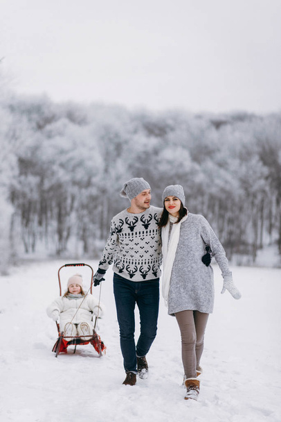 Vater rodelt Tochter und umarmt Mutter im kalten Winterpark - Foto, Bild