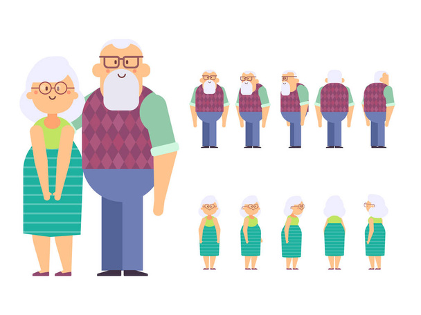 Vektör büyükbaba ve büyükanne animasyon için. Ön, yan, arkadan görünüm karakter. Karikatür tarzı, düz vektör çizim üzerinde beyaz izole. - Vektör, Görsel