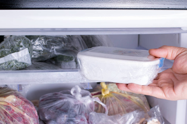 Refrigerator with frozen food (meat, milk, vegetables) - Photo, Image