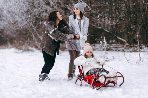 View of mother with elder daughter sledding smaller daughter and having fun on winter forest background - Photo, Image