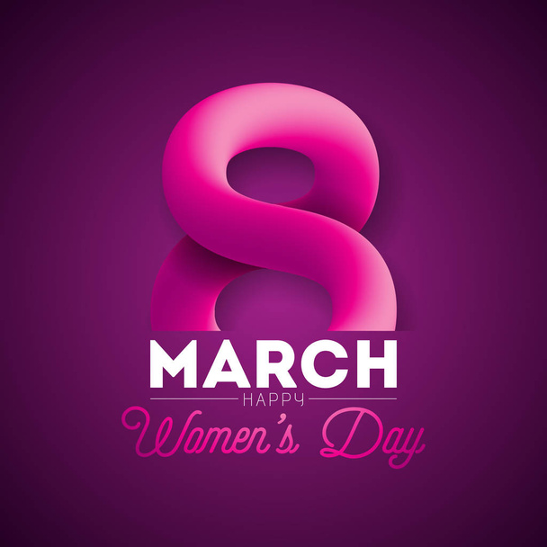 8 March. Happy Womens Day Greeting card. International Holiday Illustration with Shiny 3d Eight on Purple Background. Vector Template. - Vektor, kép