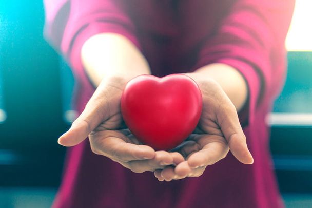Female hands holding out red plastic hearts` - 写真・画像