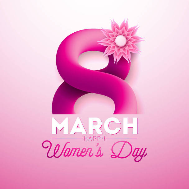 8 March. Happy Womens Day Greeting card. International Holiday Illustration with Shiny 3d Eight on Pink Background. Vector Template. - Vector, Image