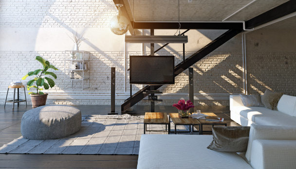 moderne loft woonkamer interieur in 3d - Foto, afbeelding