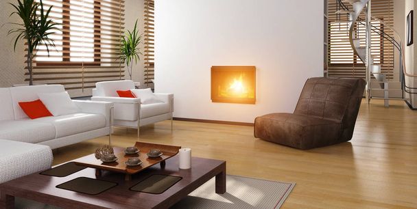 moderno salón interior con chimenea en 3D
 - Foto, imagen