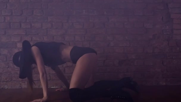 Sexy jovem mulher provoca dança na frente da parede de tijolo vermelho
 - Filmagem, Vídeo