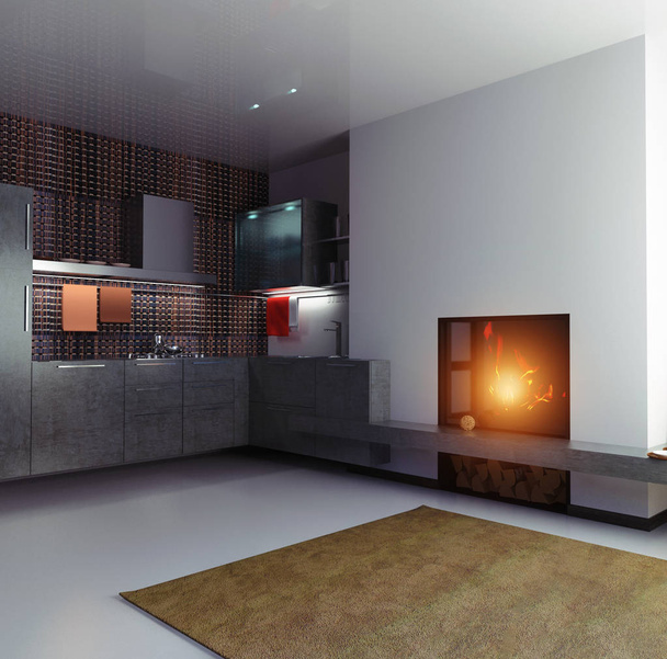 μοντέρνα κουζίνα, εσωτερικό σε σκούρα χρώματα σε 3d - Φωτογραφία, εικόνα