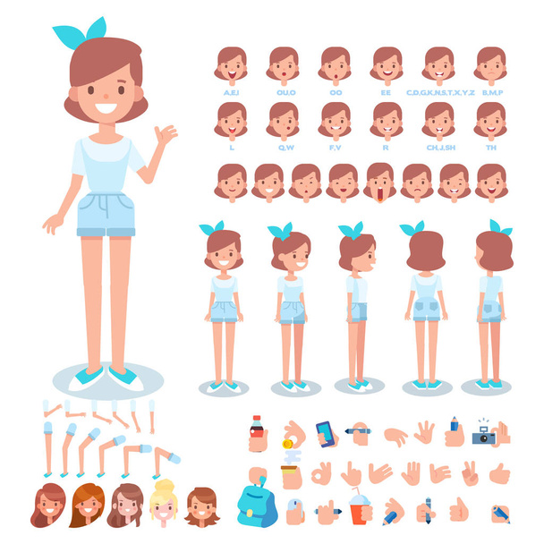 Flat Vector Girl character for your scenes. Character creation set with various views, hairstyles, face emotions, lip sync and poses. Parts of body template for design work and animation. - Vector, Image