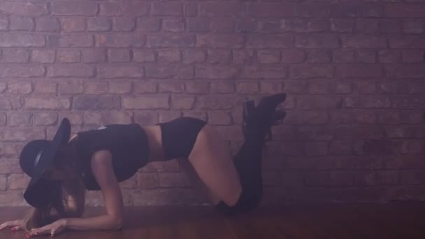 Sexy twerk menina dança tentadora na frente da parede de tijolo vermelho, máquina turva
 - Filmagem, Vídeo