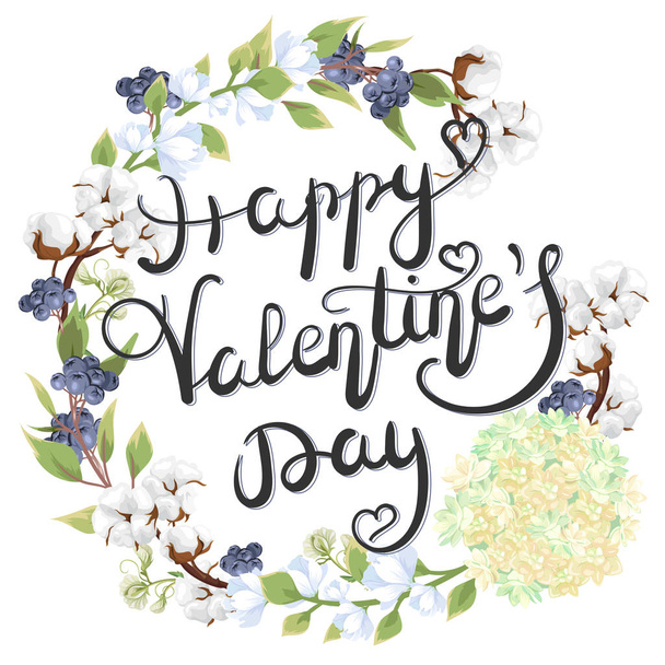 Happy Valentine's Day. Kaart aan dag van de Valentijnskaart met letthering en tedere witte bloemen, katoen bloemen en twijgen van rowan - Vector, afbeelding