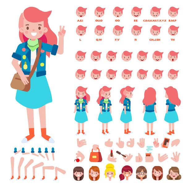 Front, side, back view animated character. Teenage girl character creation set with various views, hairstyles, face emotions, poses and gestures. Cartoon style, flat vector illustration. - Vector, Image
