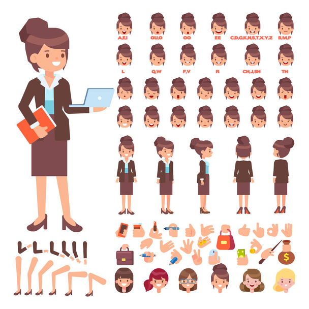 Front, side, back view animated characters. Business woman creation set with various views, face emotions, poses and gestures. Cartoon style, flat vector illustration. - Vector, Image