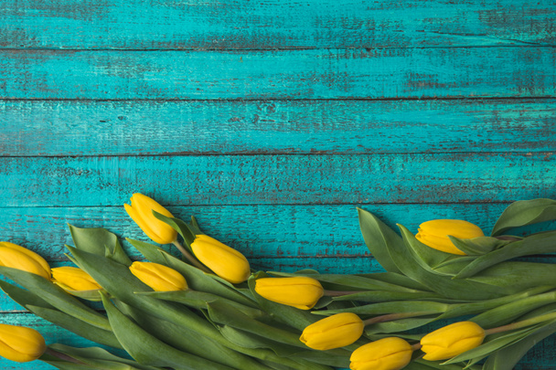 mooie gele tulp bloemen op turquoise houten oppervlak (bovenaanzicht)   - Foto, afbeelding