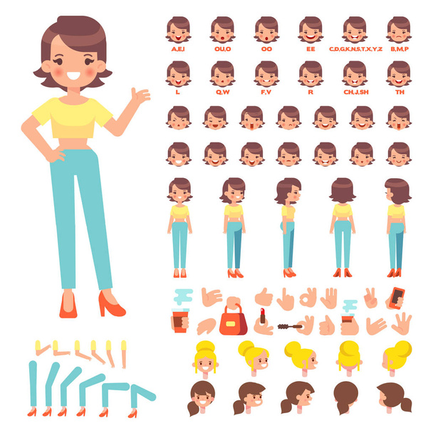 Front, side, back view animated character. Pretty young woman character creation set with various views, hairstyles, face emotions, poses. Cartoon style, flat vector illustration. - Vector, Image